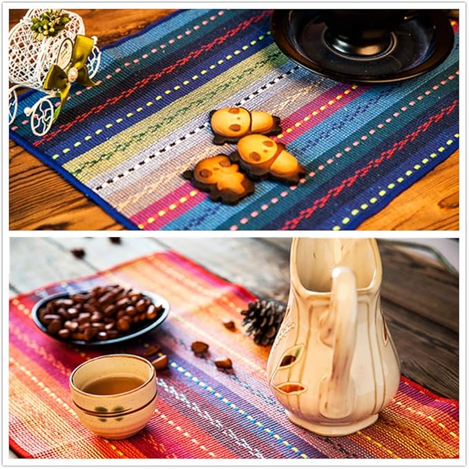 WAZAIGUR Hand Woven with 100% Cotton Placemats Colorful Placemats Braided Ribbed Durable Heat-Insulation Table Mats Set of 6,Rainbow