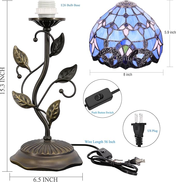 Small Tiffany Lamp Stained Glass Table Lamp Uplight Accent Lamp with Metal Leaf Base Blue Baroque Style Desk Light 8X19 Inch for Home Office Living Room Bedroom