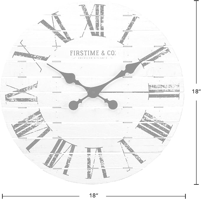 FirsTime & Co. White Farmhouse Shiplap Wall Clock, Large Vintage Decor for Living Room, Home Office, Round, Wood, Boho, 18 inches