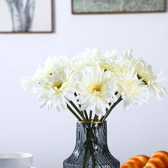 TOPIA Artificial African Daisies Flowers African Daisy Silk Flowers Artificial Gerbera Daisies Pack of 10 (White)