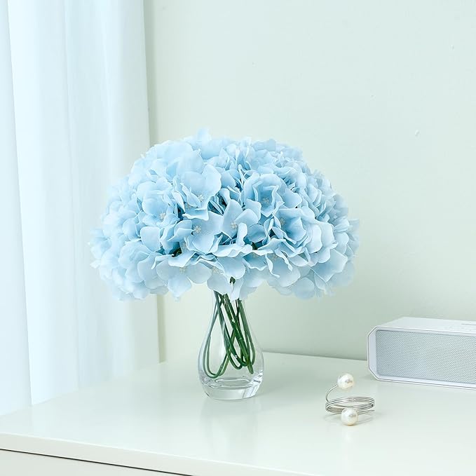 Ice Blue Hydrangea Artificial Flowers Heads Fake Silk Flowers Full Silk Flowers with Stems Wedding Home Party Shop Baby Shower Decor 10Pcs