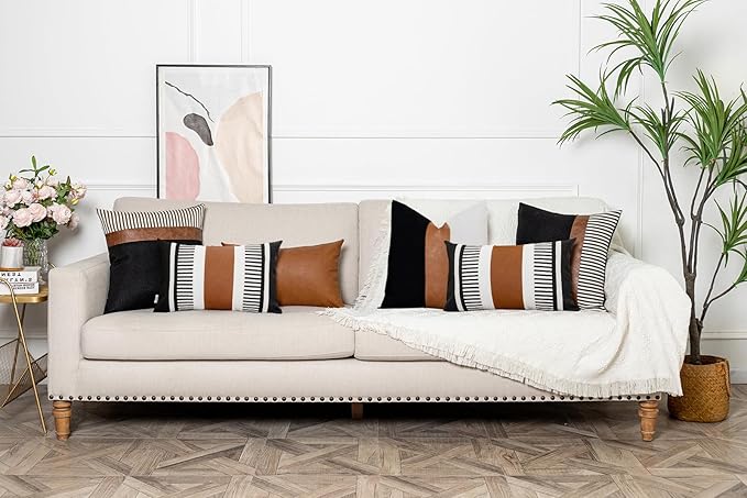 Boho Striped Lumbar Pillow Covers 12x20 inch, Modern Leather Couch Pillowcase,Farmhouse Home Decor, Black (Pack of 2, Cover ONLY)