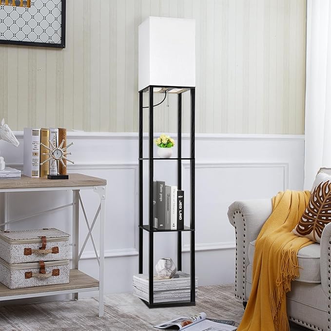Dott Arts Floor Lamp with Shelves, Floor Lamps for Living Room Decor Display Shelf Lamps with 3 Color LED Bulb, Modern Floor Lamp for Bedroom Standing Lamp for Living Room Office,Home Decor(Black)
