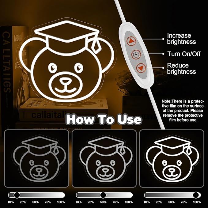 Bear Neon Sign for Wall Decor,Dimmable Bear with Graduation Hat Neon Light,White Grad Light Up Signs for Class of 2025 Graduations Background Decoration Celebration Gifts