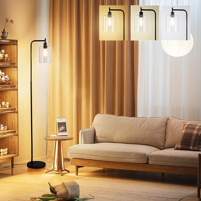 Industrial Floor Lamp, Dimmable Modern Standing Lamp with Clear Glass Shade, Black Tall Lamp with Remote & Foot Control, LED Bright Corner Lamp with 6W Bulb for Living Room Bedroom Office…