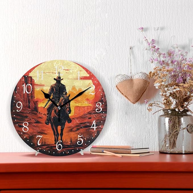 ALAZA Wall Clock Sunset Cowboy Silent Non-Ticking Decorative Wall Clocks Battery Operated 10 Inch for Home Living Room Kitchen Bathroom Bedroom