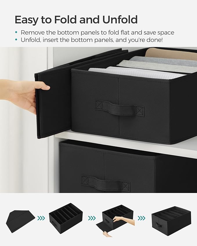 SONGMICS Set of 2 Large Size Wardrobe Clothes Organizers, 6-Compartment Foldable Drawer Organizers with Handles, 16.5 x 11.8 x 6.7 Inches, for Pants, Sweaters, Jeans, Ink Black URUS009B02