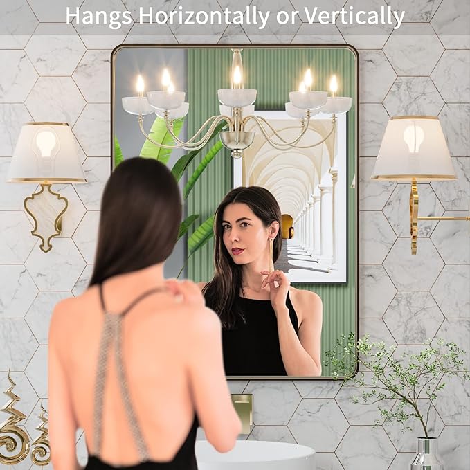 LOAAO 22”X30” Bronze Bathroom Mirrors for Vanity, Rounded Rectangle Brushed Bronze Metal Frame Mirror, Anti-Rust, Hangs Horizontally or Vertically