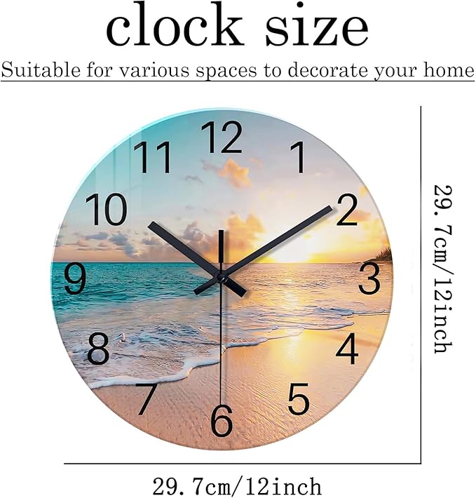 Beach Wall Clock Battery Operated 12 Inch Glass Wall Clock Non Ticking Analog Blue Clock for Bedroom Living Room Office
