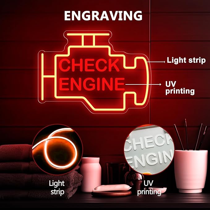 Check Engine Neon Sign, 15 * 11in Garage Led Neon Light, Dimmable LED Neon Signs for Wall Decor, Powered by USB Neon Sign, Wall Art Gift for Men, Neon Signs for Man Cave Garage Room Auto Repair Shop