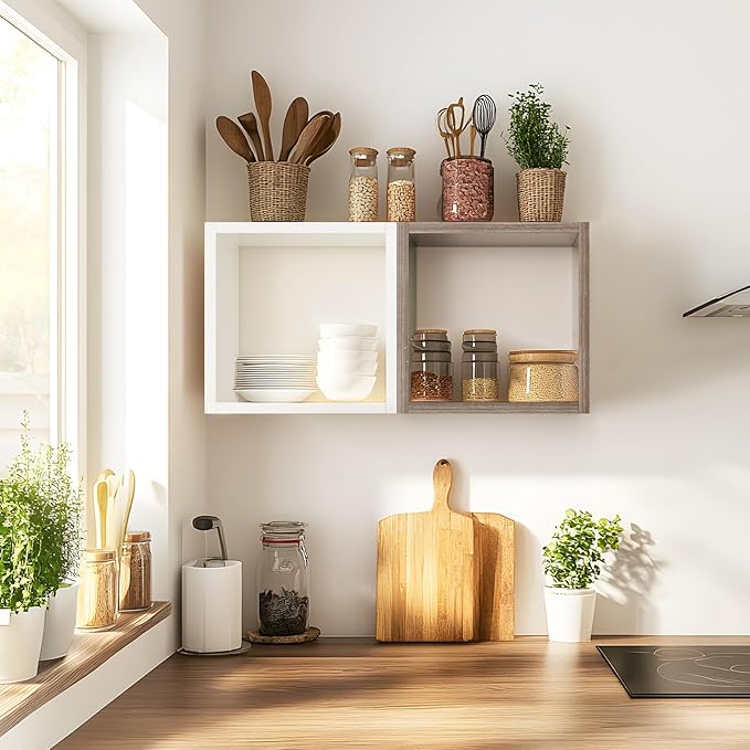Kaboon Cube Shelves Set2, White Display Shelves Wall Mount 7.75" D x 12.5" W x 12.5" H, (White, Square 2 Cubes)