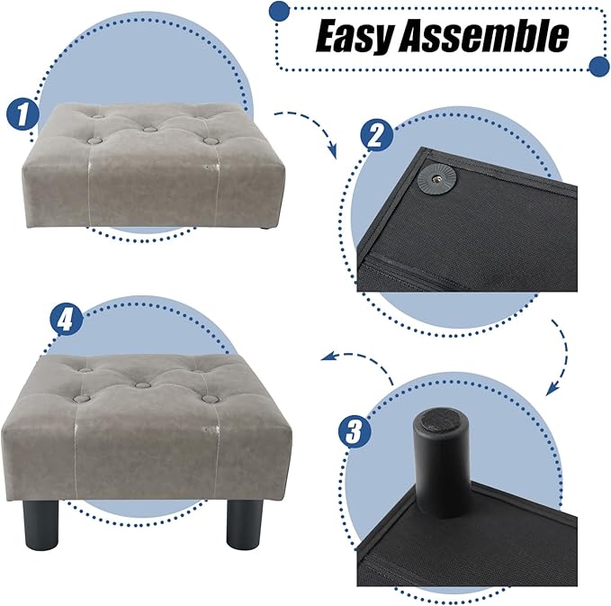BRIAN & DANY Small Foot Stool, Leather Foot Stools with Legs, Stable Small Footstool for Living Room, Grey