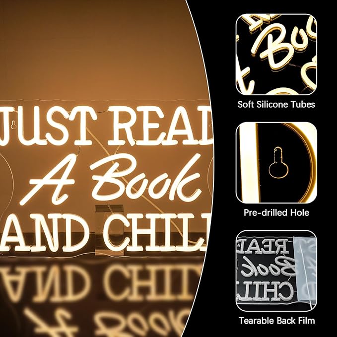 NEONLOVE Neon Sign Just Read A Book And Chill Neon Lights White LED Neon Signs for Wall decor LED Sign with Dimmable Switch Neon Light Up Sign for Classroom Bookstore Library Study Room Reading Party