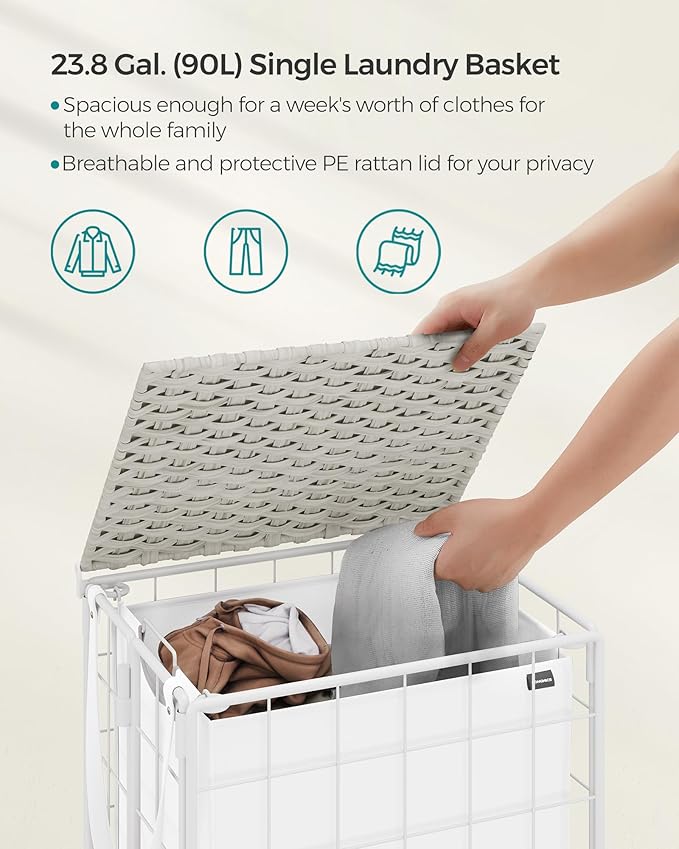 SONGMICS Laundry Hamper, 90L Laundry Basket with Lid, Clothes Hamper with Wheels, Collapsible Removable Liner Bag, Iron-Made Laundry Sorter, Cloud White ULCB290W01