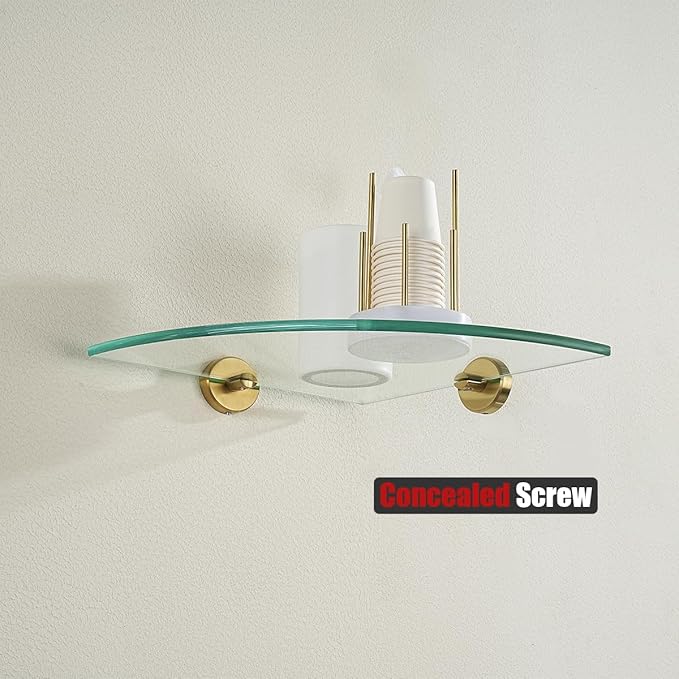 JQK Corner Glass Shelf, Brushed Gold Bathroom 304 Stainless Steel Shower Triangle Floating Wall Shelf, 10 x 10 Tempered Glass, 3 Pack, TGS190L10-BG-P3