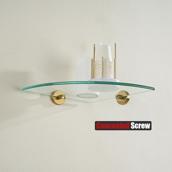 JQK Corner Glass Shelf, Brushed Gold Bathroom 304 Stainless Steel Shower Triangle Floating Wall Shelf, 10 x 10 Tempered Glass, 2 Pack TGS190L10-BG-P2