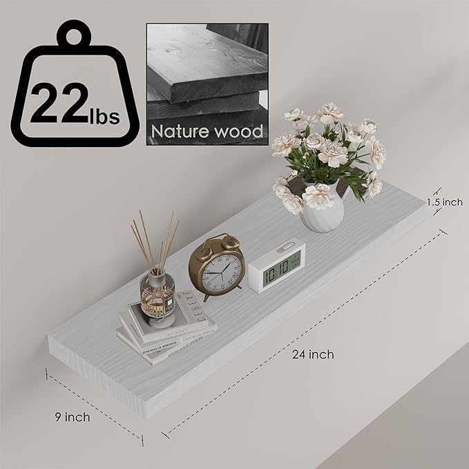 Floating Shelves for Wall - 24 x 9 Inch Natural Wood Shelves for Bathroom, Bedroom, Kitchen Decor, Farmhouse Decor Set of 2, White