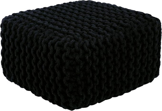 COTTON CRAFT Braided Footrest - Handknitted Cotton Cord Dori Foot Stool Ottoman - Low Floor Pouf - Lightweight Portable - Small Spaces Living Room Bedroom Entryway Under Desk - 14 x 8 Square - Black