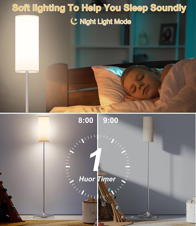 luckystyle LED Floor Lamp for Living Room, Dimmable Standing Lamps with Foot Switch,Remote Custom Color Temperature Silver Pole Lamp with Lampshade,12W Led Bulb Tall Lamps for Bedroom Office Kid Room