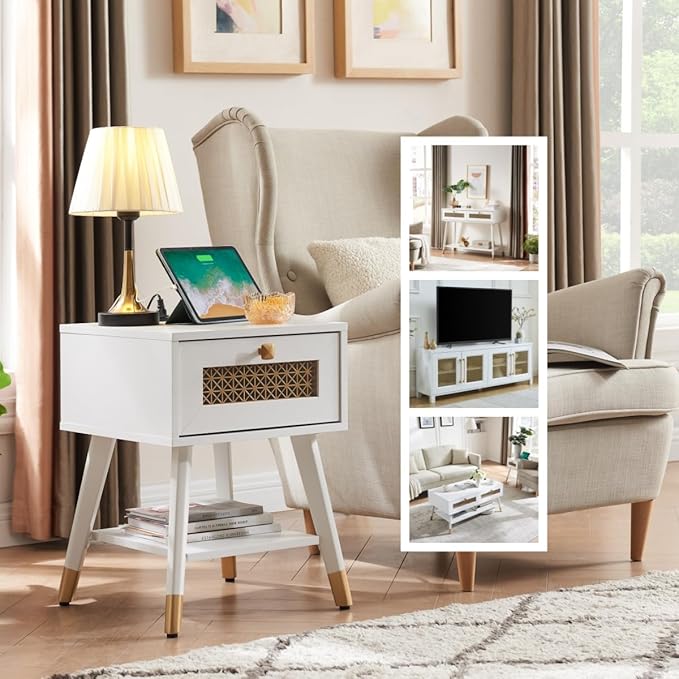 Mid Century Modern End Table Set of 2, Side Table with Charging Station - Small Nightstand with USB Ports & Outlets, Storage Drawer & Open Shelf, White Wood Furniture for Living Room, Bedroom, Office