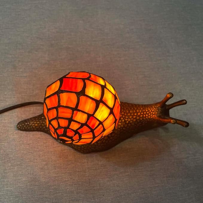 Bieye L10963 Land Snail Tiffany Style Stained Glass Accent Table Lamp for Home Decor (Orange, 10" D x 5" W x 5" H)