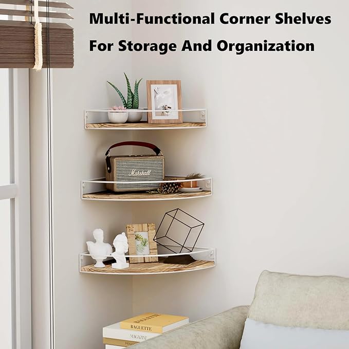 Corner Shelf Wall Mounted, Corner Floating Shelves for Wall, Wood Storage with Cable Hole for Kitchen Living Room Bedroom Bathroom, White Set of 3
