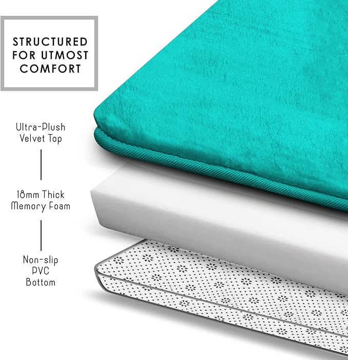 Clara Clark Bathroom Rugs, Velvet Memory Foam Bath Mat, Non-Slip, Machine Washable Bath Rugs - Dries Quickly, Ultra Soft Plush Bath Mats for Bathroom, 20 x 24, Teal Blue