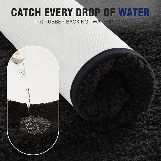 TECHMILLY Super Soft Shaggy Bathroom Rugs, Absorbent Thick Non Slip Microfiber Bath Rugs, Quick Dry Machine Washable Bath Mat for Bathroom Floor, Bathtub and Shower 24"x36" Black