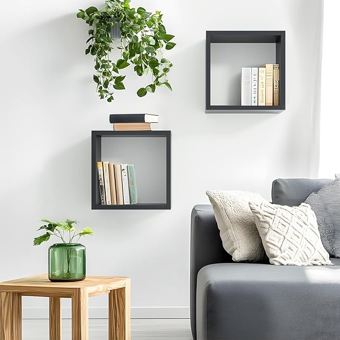 Kaboon Cube Shelves Set2, Black Display Shelves Wall Mount 7.75" D x 12.5" W x 12.5" H, (Black, Square 2 Cubes)