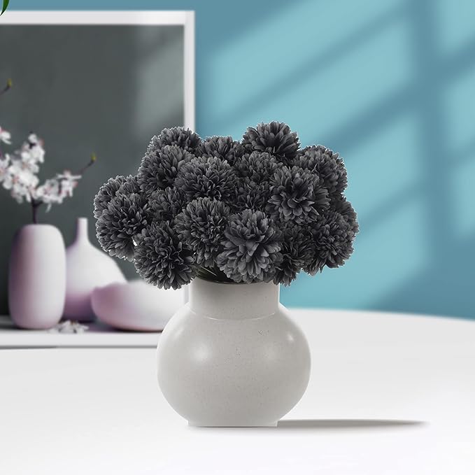 Kimura's Cabin 20Pcs Black Fake Silk Flowers Artificial Chrysanthemum Ball Flower Faux Mums Flowers for Home Dining Table Core Halloween Party DIY Decoration Bouquets (Grey Black)