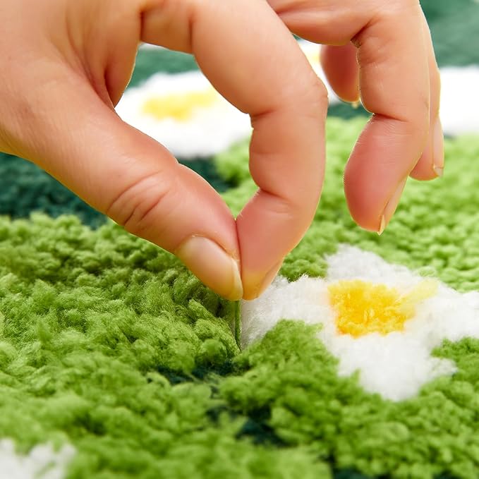 Cute Green Floral Bath Mat Microfiber Moss Bathroom Rug 20''W x 32''L Non Slip Washable, Modern Chic Boho Aesthetic Trendy Shaggy Bathroom Shower Floor Mat Absorbent