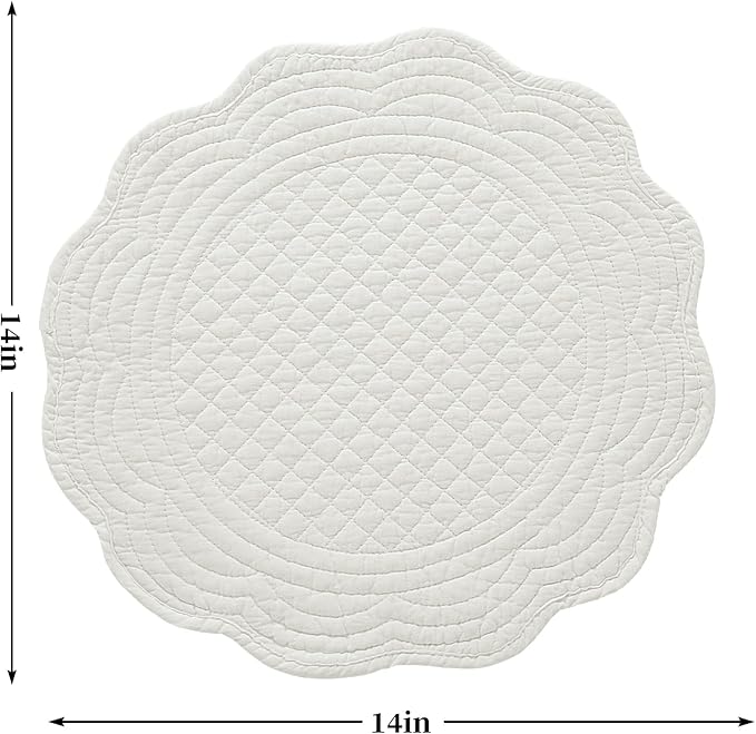 HOMBYS Quilted Placemats Set of 6 Washable Round Placemats for Kitchen Table-100% Cotton Fabric 15 Inch Round Table Mats, Cotton Fabric with Microfiber Filling, (15"x15", Cream White)