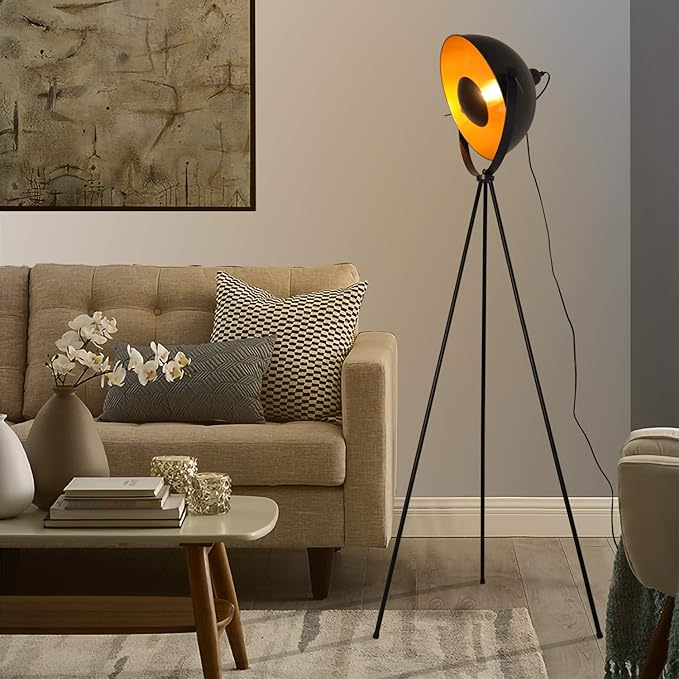 Modern Industrial Tripod LED Satellite Floor Table Lamp - Vintage Adjustable Reading Standing Desk Light Deco - Movie Media Nautical Elegant Design Lighting for Living Room Bedroom(Black,E26 Base)