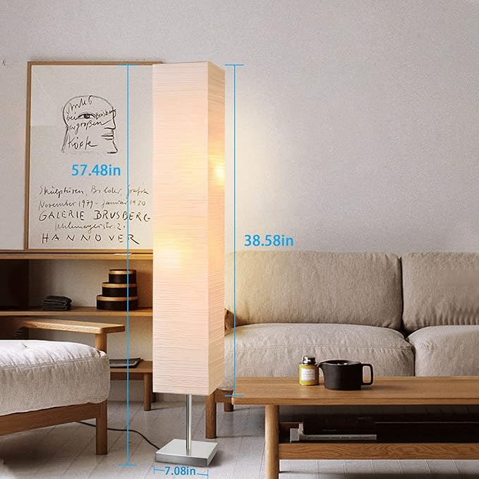 Modern Floor Lamp, Dimmable 3 Levels Brightness Paper Tall Lamp Standing Lamps with Lampshade, 55'' Minimalist Floor Lamps for Office, Kids Room, Reading, Home Decor (Off White)