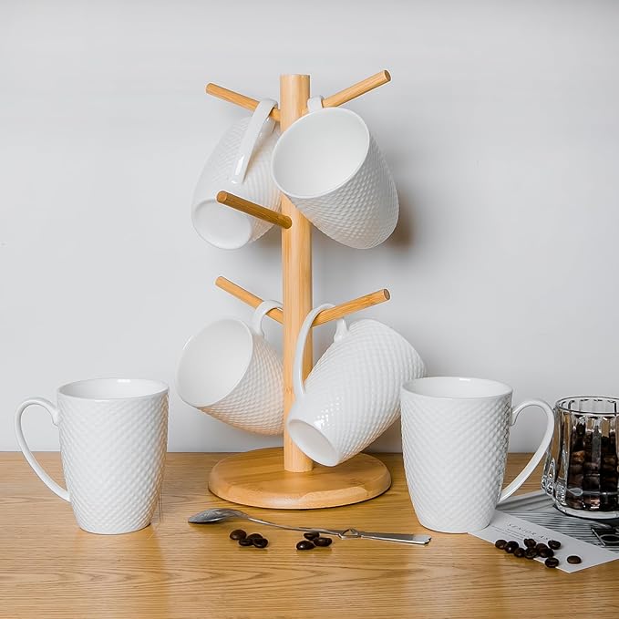 12 Oz Coffee Mugs Set of 6, Fine Bone China Mugs, White Ceramic Coffee Cups Set, Rhombus Relief Texture Coffee Mugs for Latte, Tea, Hot Cocoa, Women, Men