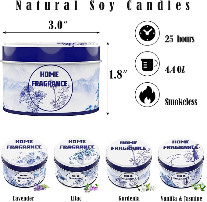 Christmas Scented Candles Gift Set for Home Women, Natural Soy Wax Lavender, Vanilla&Jasmine, Lilac and Gardenia Aromatherapy Stress Relief Candles in Metal Tins for Anxiety Relaxation, 4 Packs