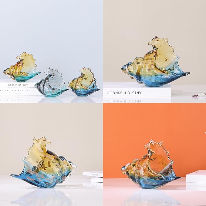 DOVDOV Hand Blown Glass Conch Statues, Blue and Amber Glass Art Figurines, Conch Shells for Coastal Home Decor, Living Room TV Stand and Bookcase Decor, Bathroom Shelf Tops and Cabinet Decor.