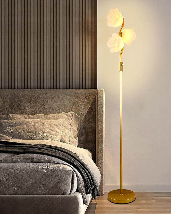 Dimmable Gold Floor Lamp with 3 Flower Lampshades, Modern Floral Standing Lamps with Warm White 3000K Bulbs, Mid Century Floor Lamp for Living Room Bedroom Home Decor