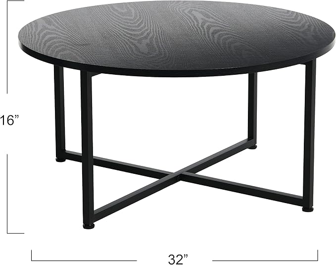Household Essentials Jamestown Round Coffee Table Black Oak Wood Grain and Black Metal