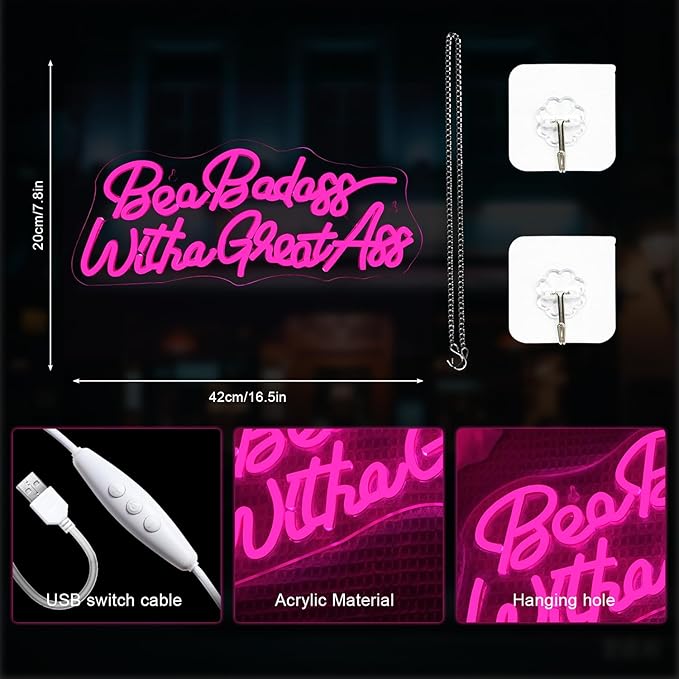 Lucunstar Be a Badass with a Goodass Neon Sign,Pink Powered Led Light,USB Connectivity Led Neon Light with Dimming Switch for Home Wall Decor,Girls Room Decor,Party Room Decor