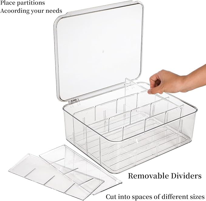 Plastic Sock Underwear Drawer Organizer Dividers, 16 Compartment Clear Tie Organizers with Lid, Removable Divided Wardrobe Storage Box for Tie, Bra Storage