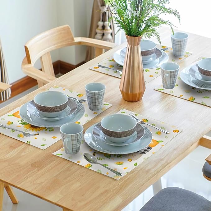 Giwawa Sunflower Vases Placemats Set of 4 Summer Bee Yellow Floral Mason Jar Place Mat 12x18 Inch Stain Heat Resistant Linen Table Mats for Kitchen Dining Seasonal Party Decor