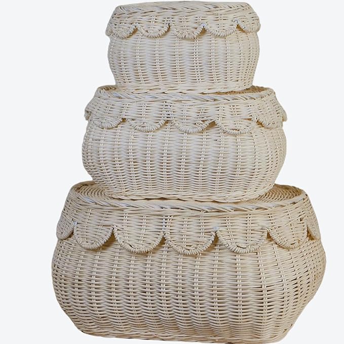 Scalloped Basket with Lid Set of 3,Storage Boxes for Shelves,Decorative Storage Boxes With Lids,Rattan Storage, Shelf Baskets Set for Organizer