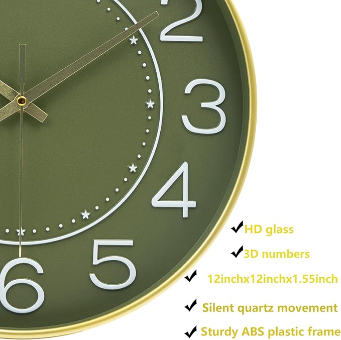 HZDHCLH 12inch Wall Clocks Battery Operated,Quartz Movement,Silent Non Ticking Modern Wall Clock for Living Room Bedroom Kitchen Office School Classroom Decor Green Gold
