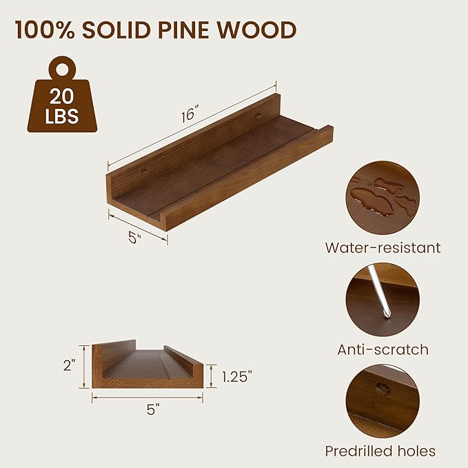 Picture Ledge Shelf, Solid Pine Wood Rustic Floating Shelves for Wall, 16 Inch Floating Shelves with Lip for Bedroom Kitchen Living Room Nursery Display Wall Decor, Set of 2 (Walnut)