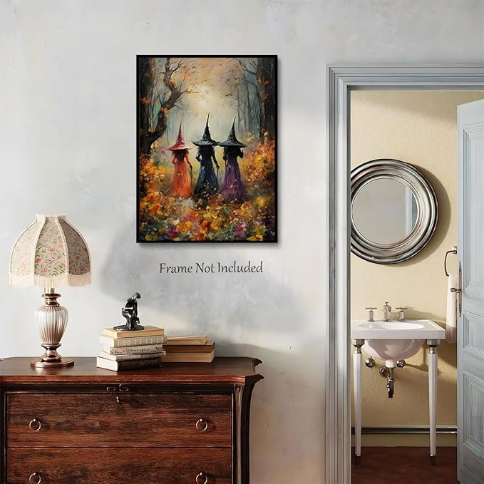 ILLBDR Halloween Vintage Witchy Wall Art Prints Creepy Gothic Dark Moody Pictures Decor Dark Academia Witches Victorian Painting Canvas Posters for Bedroom Bathroom 16x24inch Unframed