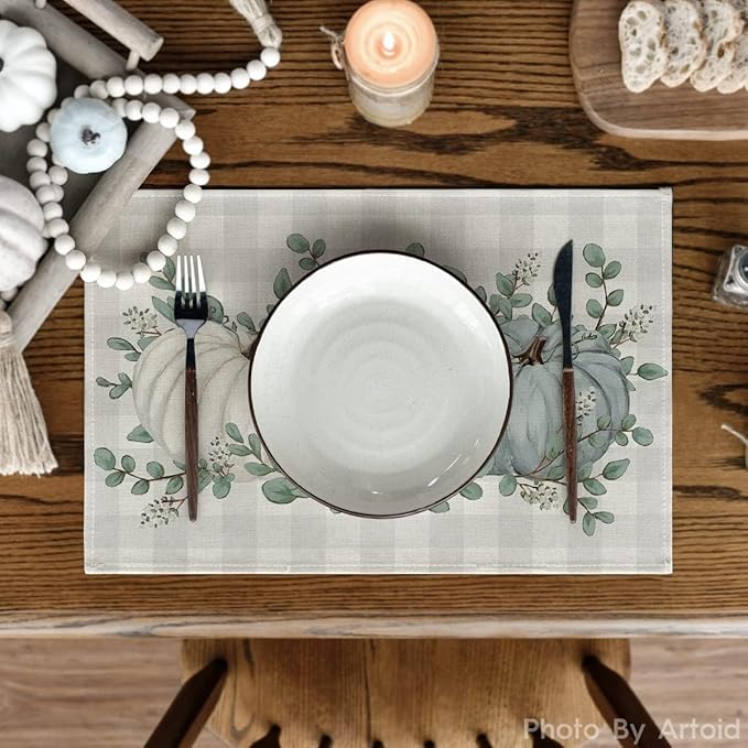 Artoid Mode Buffalo Plaid Eucalyptus Pumpkins Leaves Fall Placemats Set of 6, 12x18 Inch Seasonal Autumn Table Mats for Party Kitchen Dining Decoration