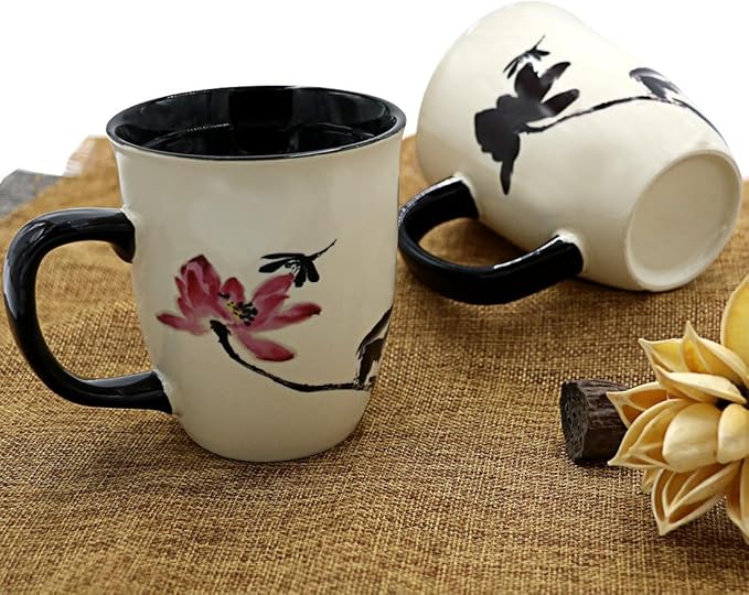 Funny Ceramic Magic Heat Color Changing Art Coffee Tea Mug Lotus Printing Porcelain Mugs for Women Personalized White Green Tea Cup 16 oz Large Coffee Mug for Mom Girl Grandma And Man