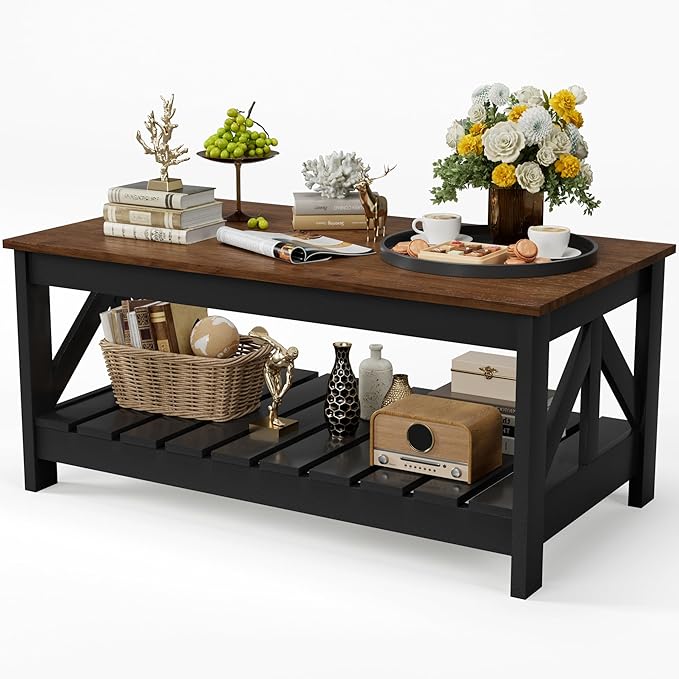 JUMMICO 39” Farmhouse Coffee Table for Living Room, 2-Tier Modern Living Room Table with Storage Shelf, Rustic Rectangular Center Table Space Saving Home Furniture (Rustic Brown & Black)