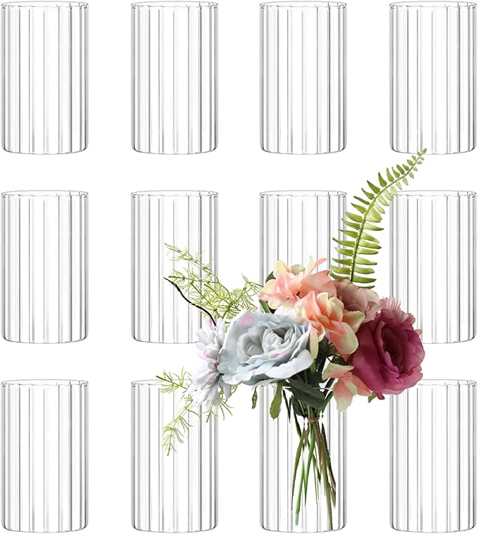 12Pcs Glass Cylinder vases for Centerpieces, 6 Inches Clear Ribbed Bud Vases for Wedding Decorations,Floral Vase Bulk Flower vases,Tall Glass Hurricane Candle Holder for Table Shelf, Party(Ribbed)